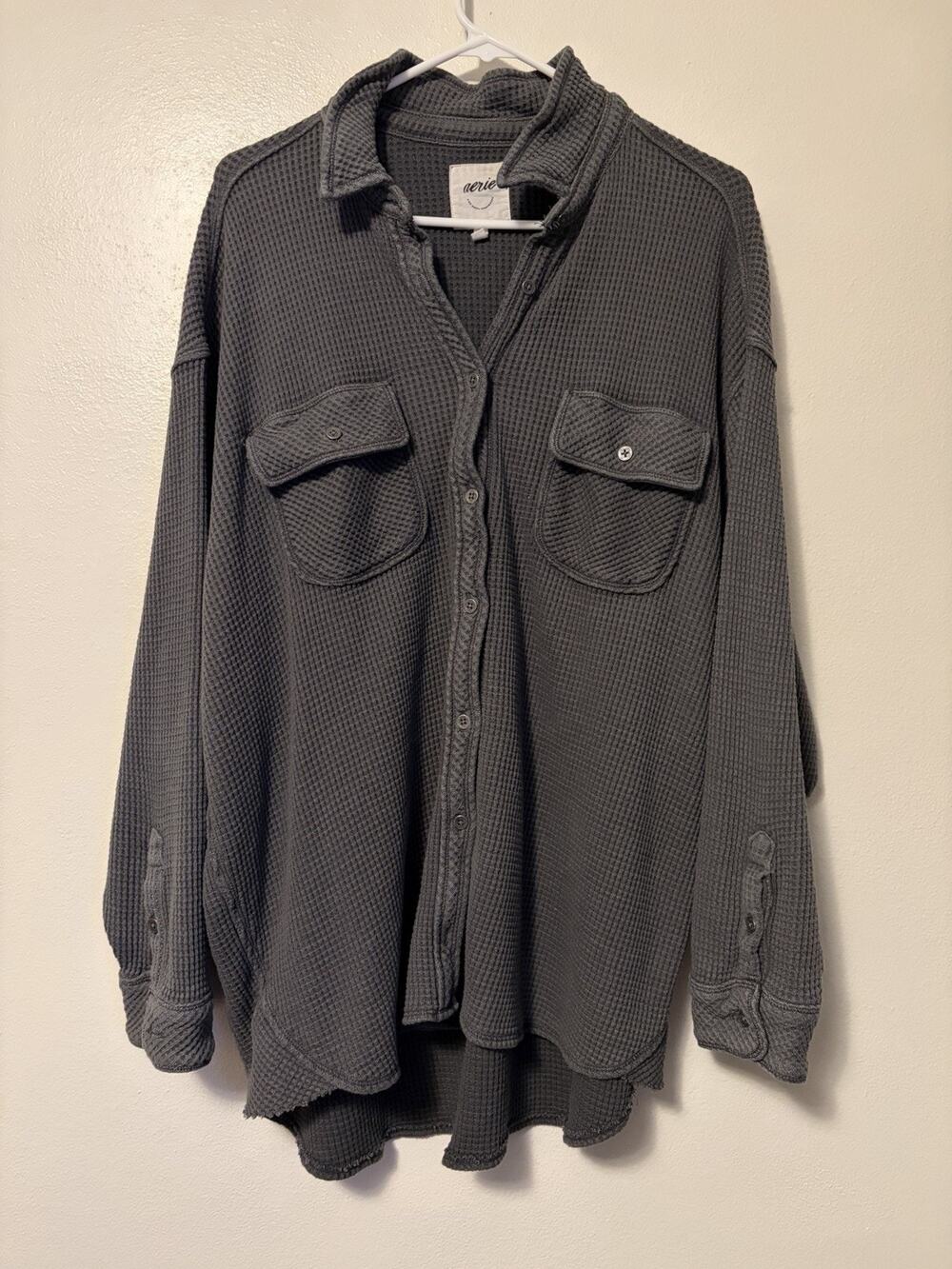 Aerie Lumber Jane Waffle Shacket Large Gray Cozy Oversized Shirt Thermal Fall